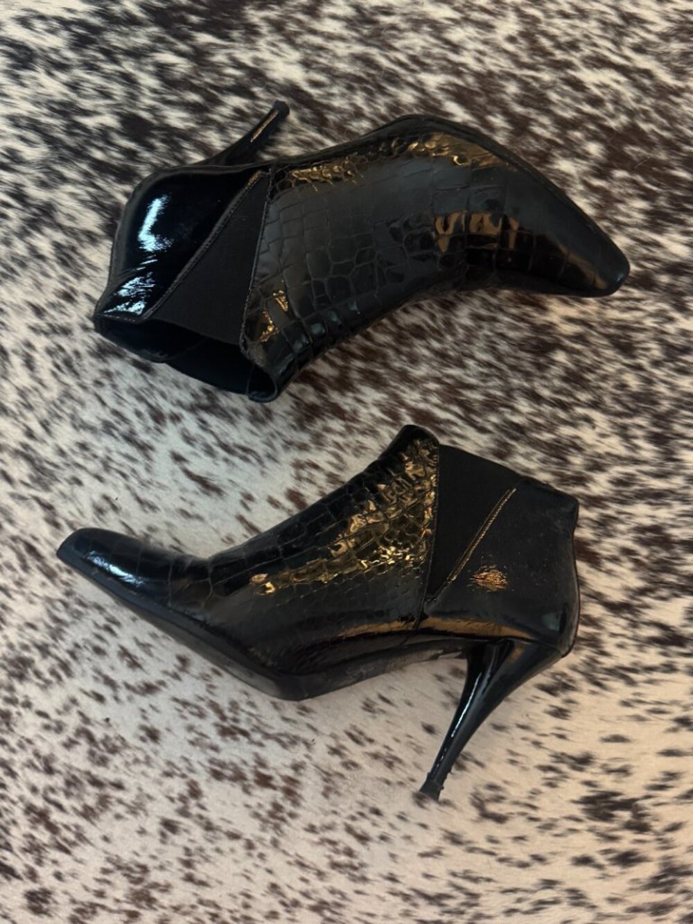 Prada Black Croc Embossed Patent Leather Pointed Ankle Booties Size 37 - Picture 4 of 11
